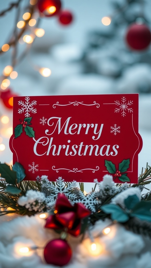 A festive red Christmas card with white text and decorative elements, set in a winter-themed background.